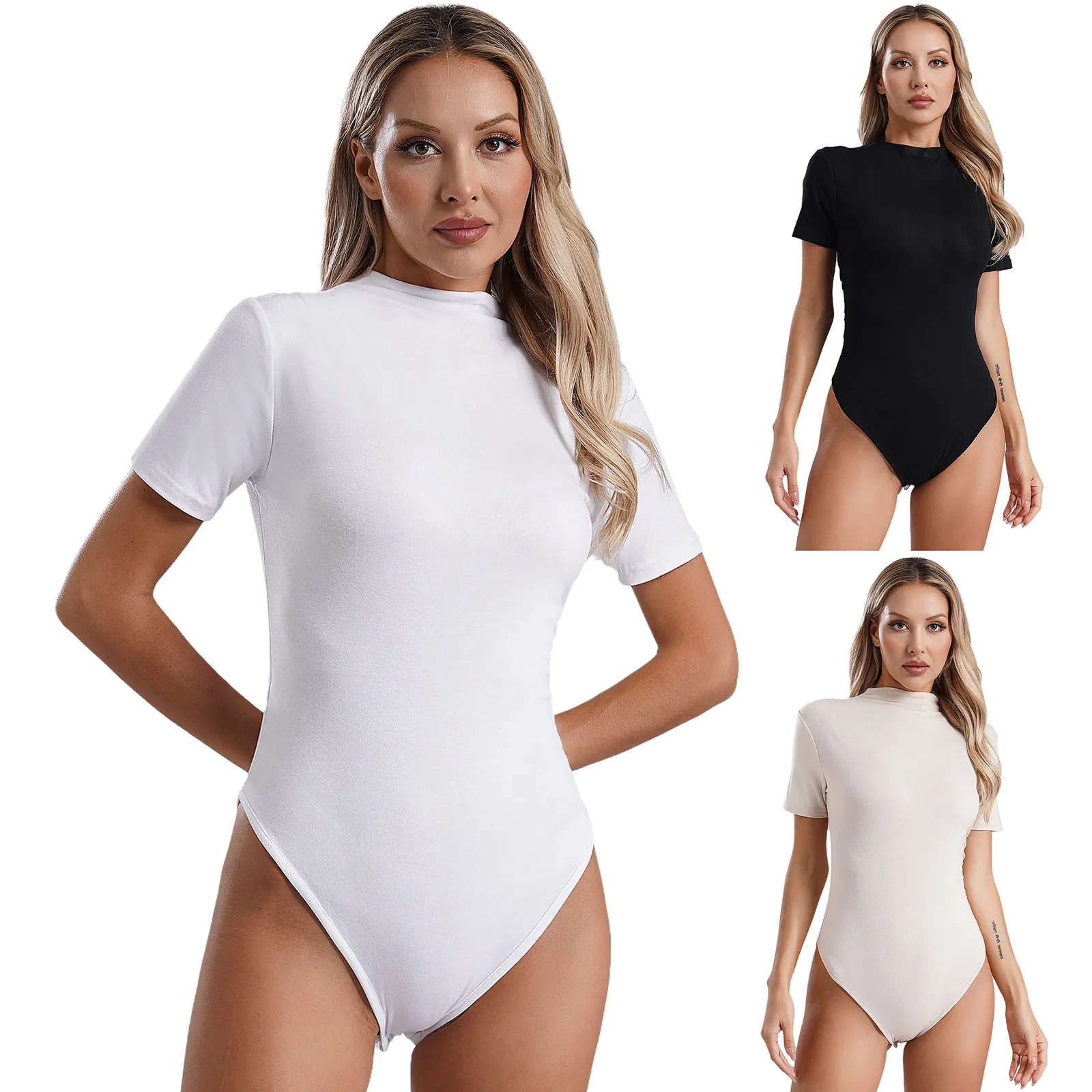 Womens Ballet Dance Gymnastics Bodysuit Casual Short Sleeve Solid Color Crew Neck Ruched Leotard for Yoga Workout Performance