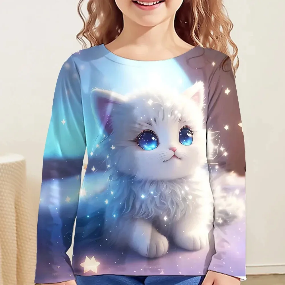 Children's T-Shirt Kawaii Full Sleeves T-Shirts for Girl Tiger Cat Cute Tees Clothes 2023 Autumn Kid Top O-Neck Outdoor Clothing