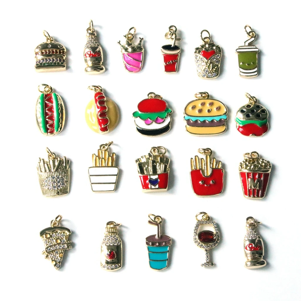 10Pcs/New Enamel French Fries Pendant for Necklace Copper Gold Plated Star Hamburg Coffee Jewelry Making Supplies