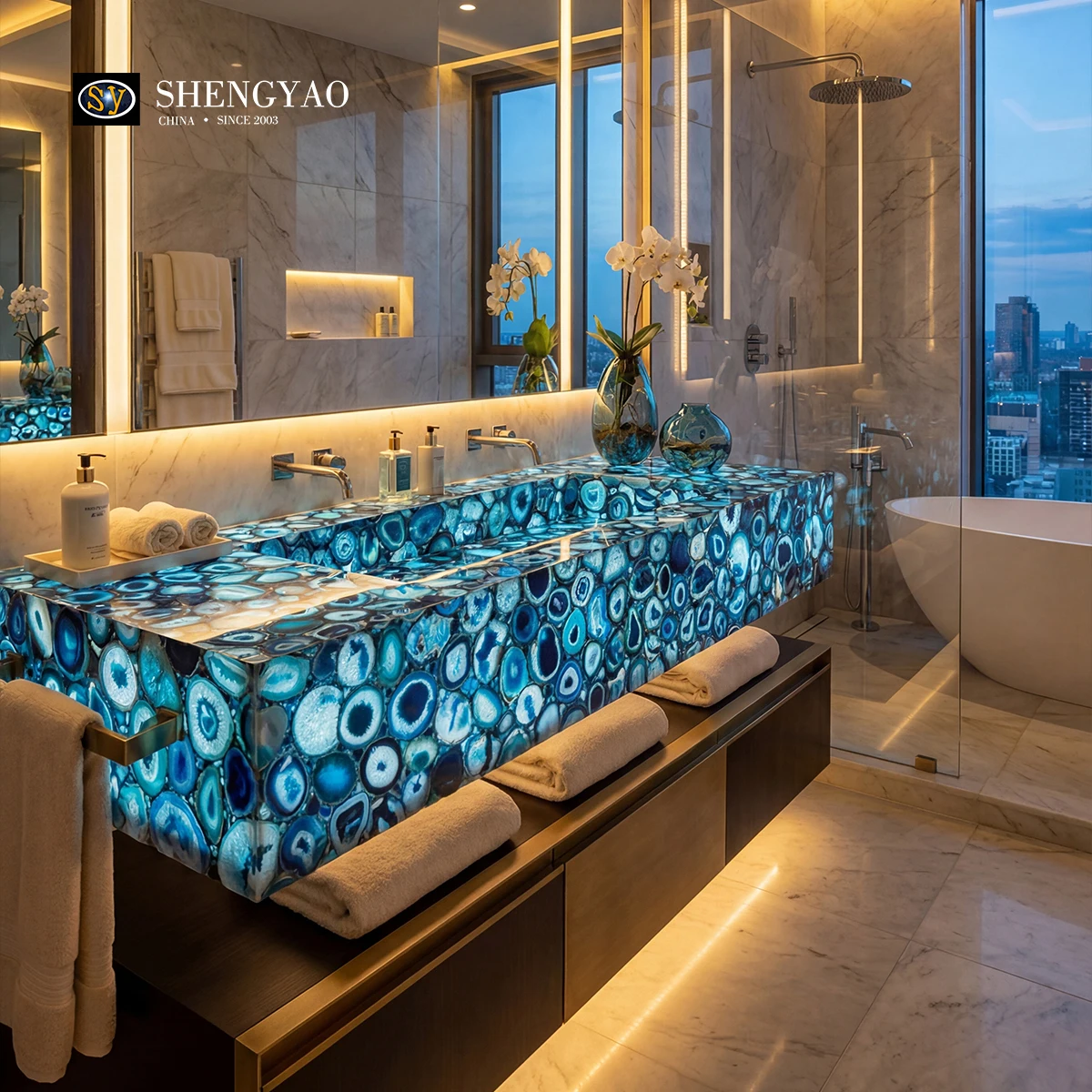 Luxury Stone Baths,Natural Blue Agate Stone Sink With Backlit Option Illuminated Translucent Bathroom Vanity Basin