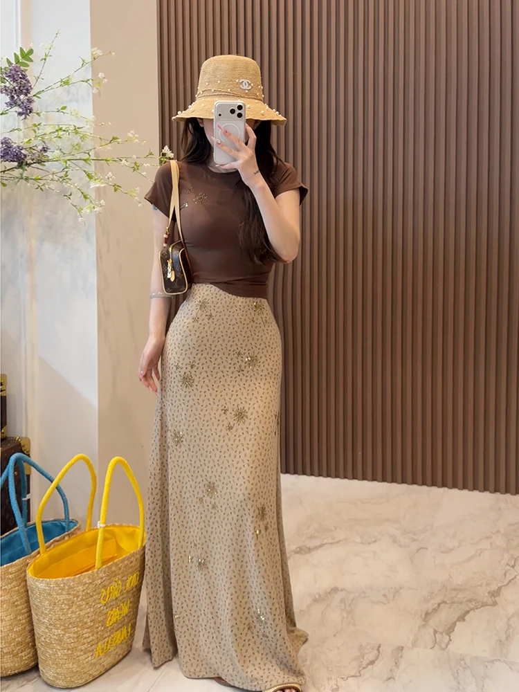 

Casual Glittering T-shirt Skirt Set Summer Fashionable Two-Piece Women's Clothing Set Polyester Rayon Spandex Blend