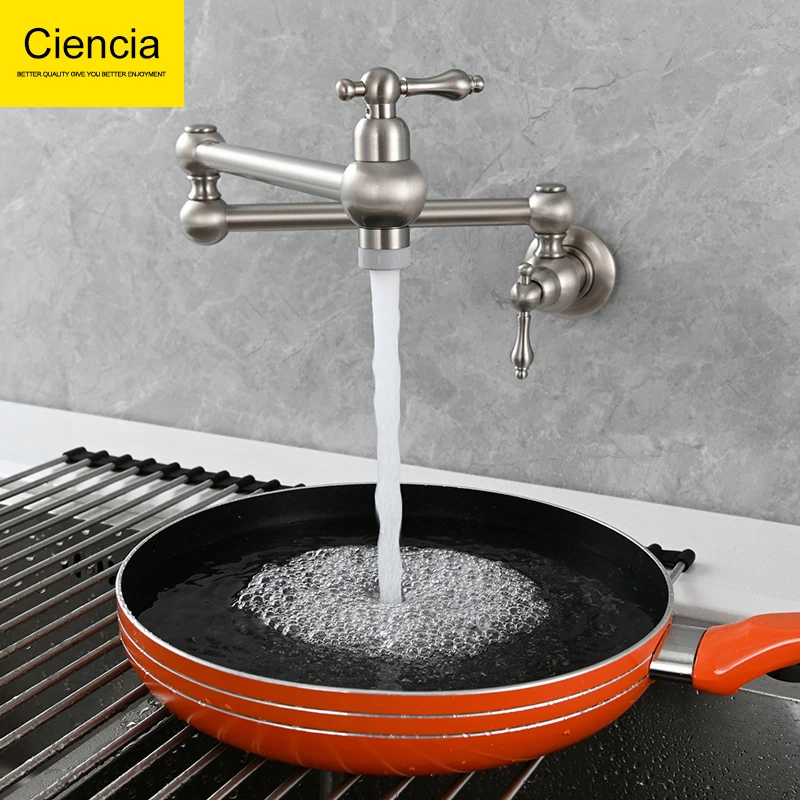 Ciencia Brass Rotating Folding Faucet Delicate Double Switch Kitchen Faucet Wall Mounted For Cold Water Only