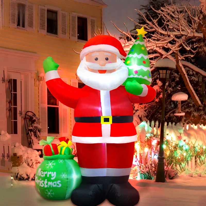 4/8ft Inflatable Santa Claus Holding Christmas Tree Gift Bags Outdoor Decoration with LED Lights Blowing up Toys Garden Decor