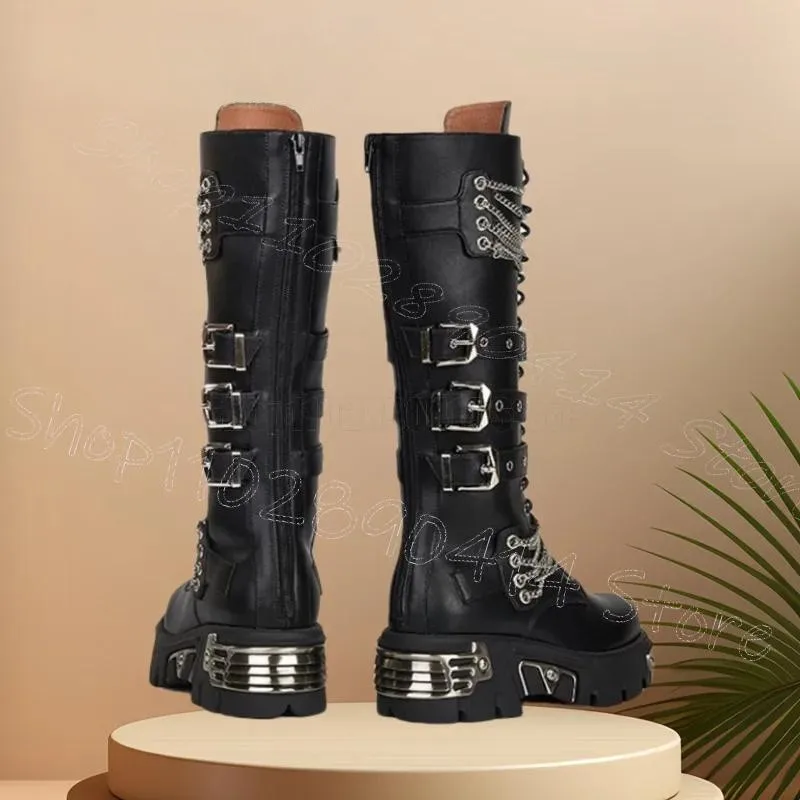 

Metal Chain Black Belt Fastener Cross Tied Boots Back Zipper Women Shoes Chunky Heels Sexy Party Dating 2026 Zapatos Para Mujere