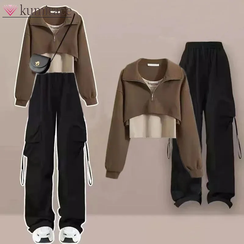 Spring and Autumn New Fashionable and High End Polo Neck Short Sweater Women's Small Work Pants Three Piece Set Pant Sets