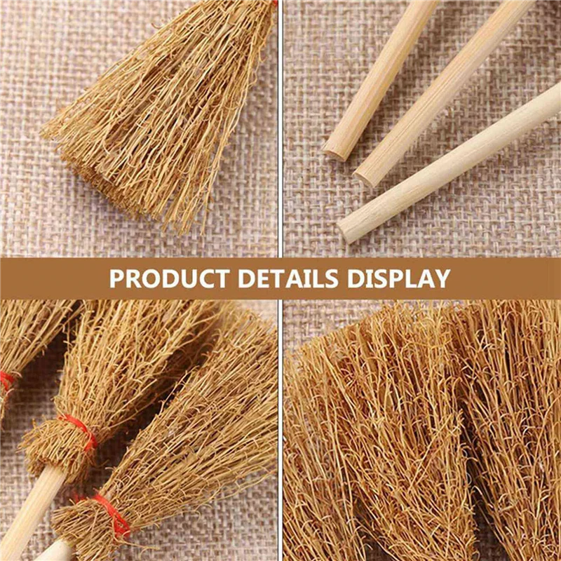 B24C-80Pcs Miniature Artificial Mini Straw Brooms With Red Ropes Halloween Straw Dollhouse Decoration Witches Party Decor