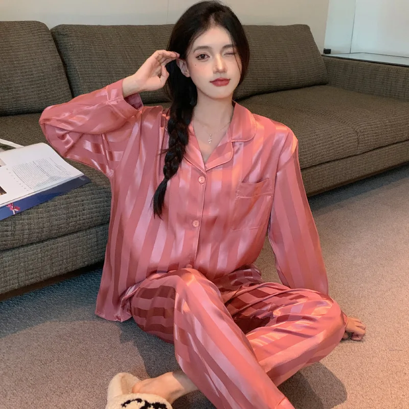 

Spring & Autumn Women's Ice Silk Pajamas Long-Sleeved Top & Long Pants Loose-Fitting Fashionable Korean-Style Homewear Set