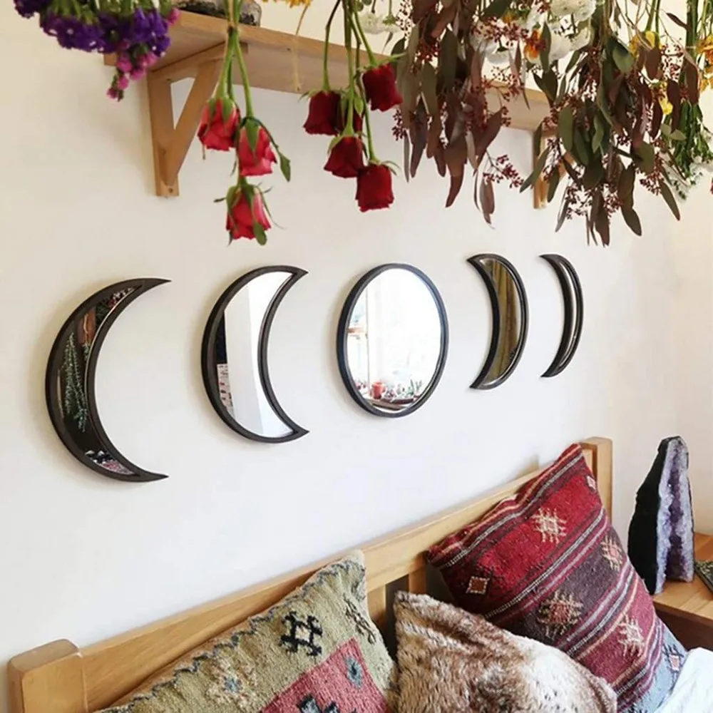 5 Pieces Set Moon Phase Mirror Scandinavian Style Natural Decor Acrylic Wall Decor Wooden Frame Acrylic Material