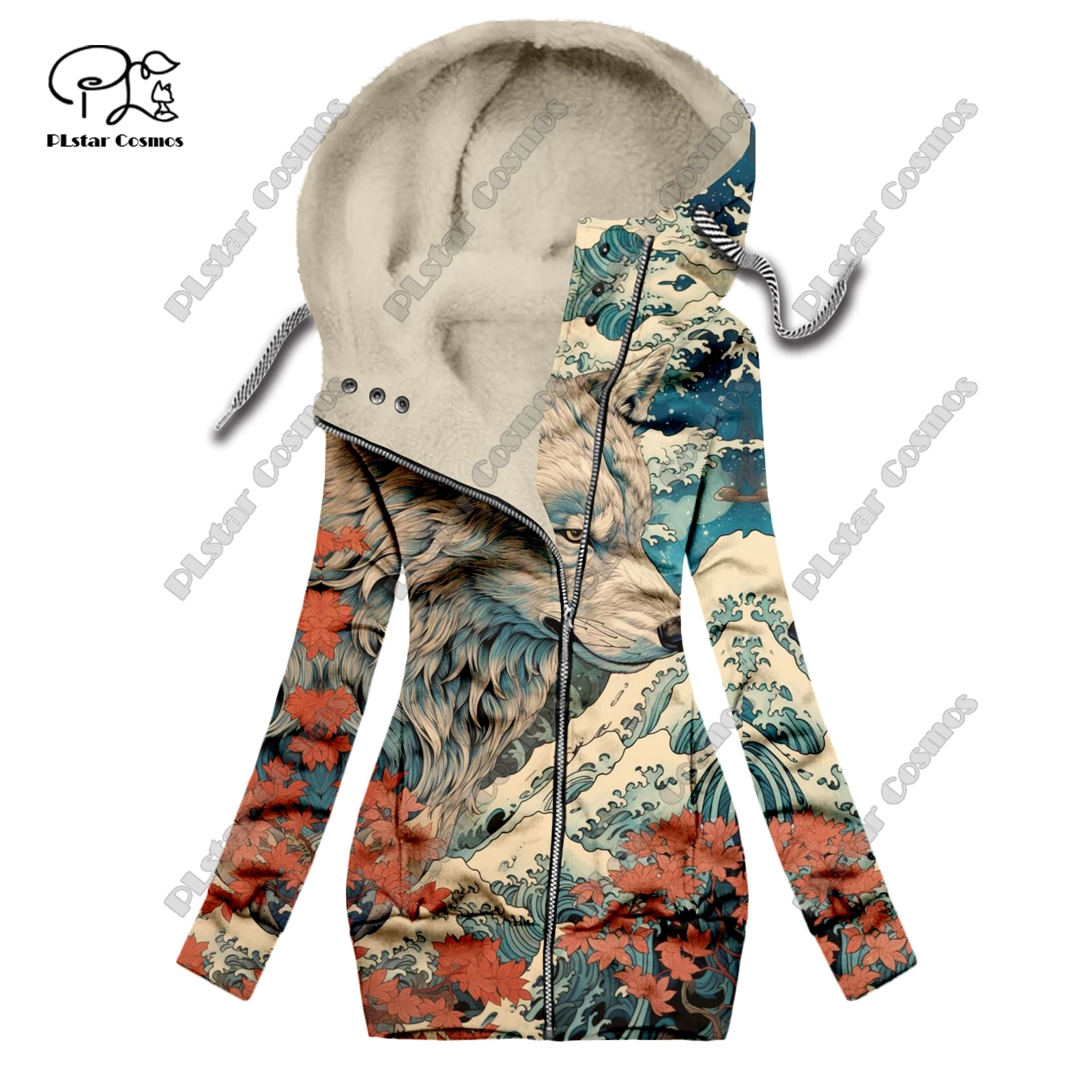 

New 3D printing retro series floral and animal patterns plus velvet and warm women's long zipper sweatshirt casual winter L-31