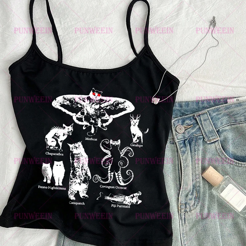 Demon Cat Print Y2k Vintage Crop Top Top Harajuku Heavy Metal Dark Vest Chic HipHop Emo Punk Gothic Y2k 90s Cute Sexy Tank Tops