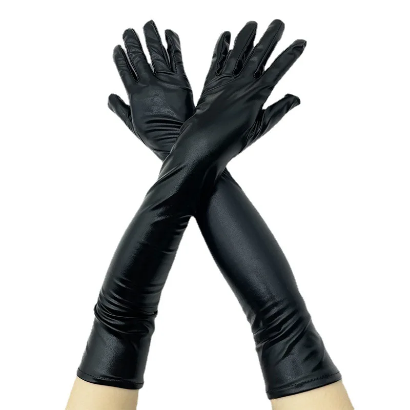 Gold Silver Wet Look Fake Leather Metallic Gloves Evening Party Performance Mittens Women Sexy Elbow Length Long Latex Gloves