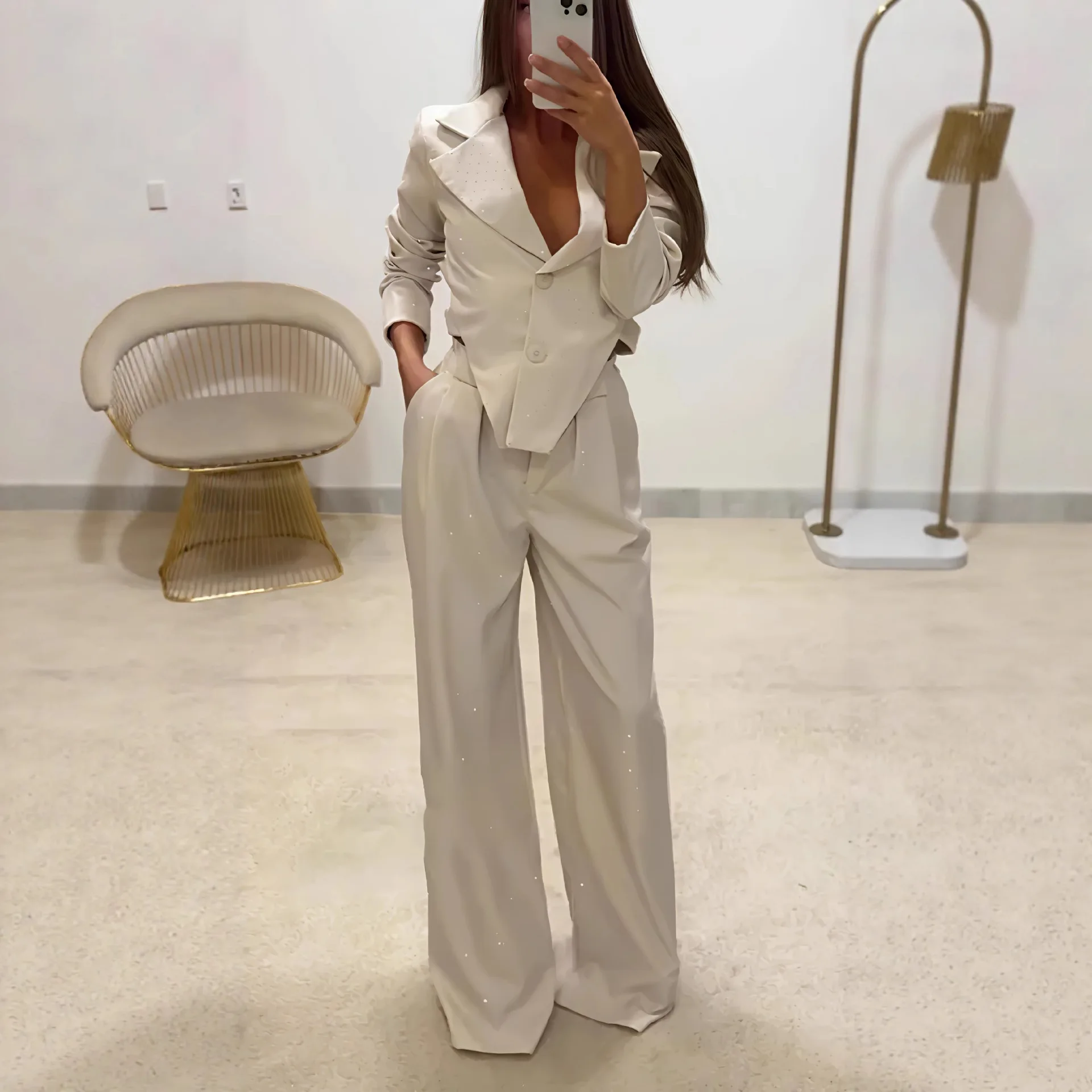 

2026 New Autumn High End Sense Asymmetric Hot Rhinestone Long Sleeve Vest Top Wide Leg Pants Suit Two Piece Set