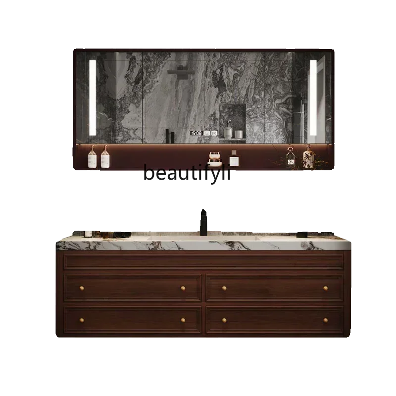 

New Arrivals American Light Luxur Bathroom Cabinet Oak Solid Wood Washstand Stone Plate Smart Mirror Bathroom Cabinet