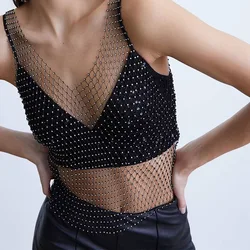 2023 Summer Crystal Mesh Top Sexy Rhinestone Crop Tops Glitter Hollow Out Fishnet Rave Party Club Tank T-shirts For Women