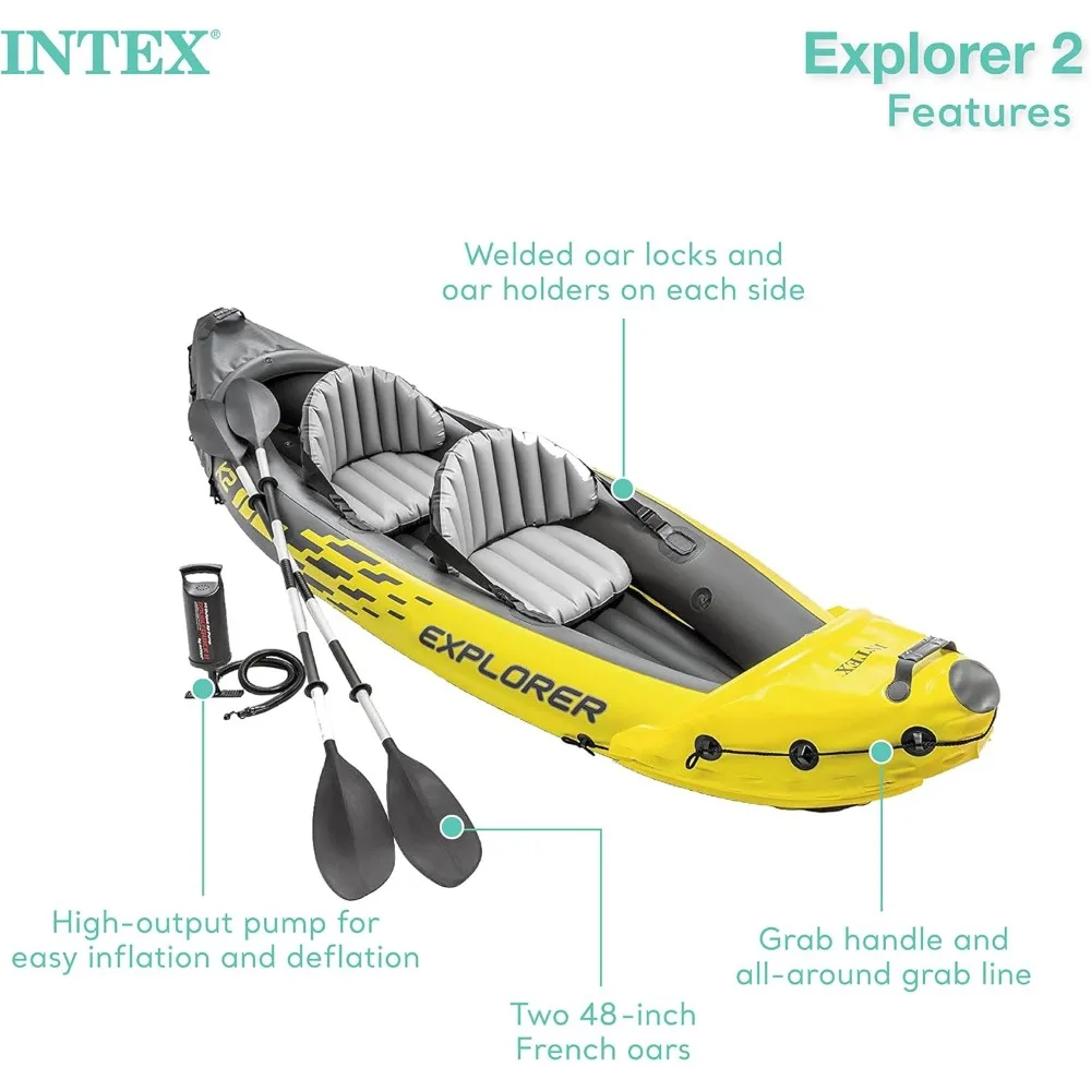 Ensemble de kayak gonflable Explorer K2, comprend des rames en aluminium de luxe de 86 pouces et une pompe à haut rendement, Smile Bathing PVC, 68307EP