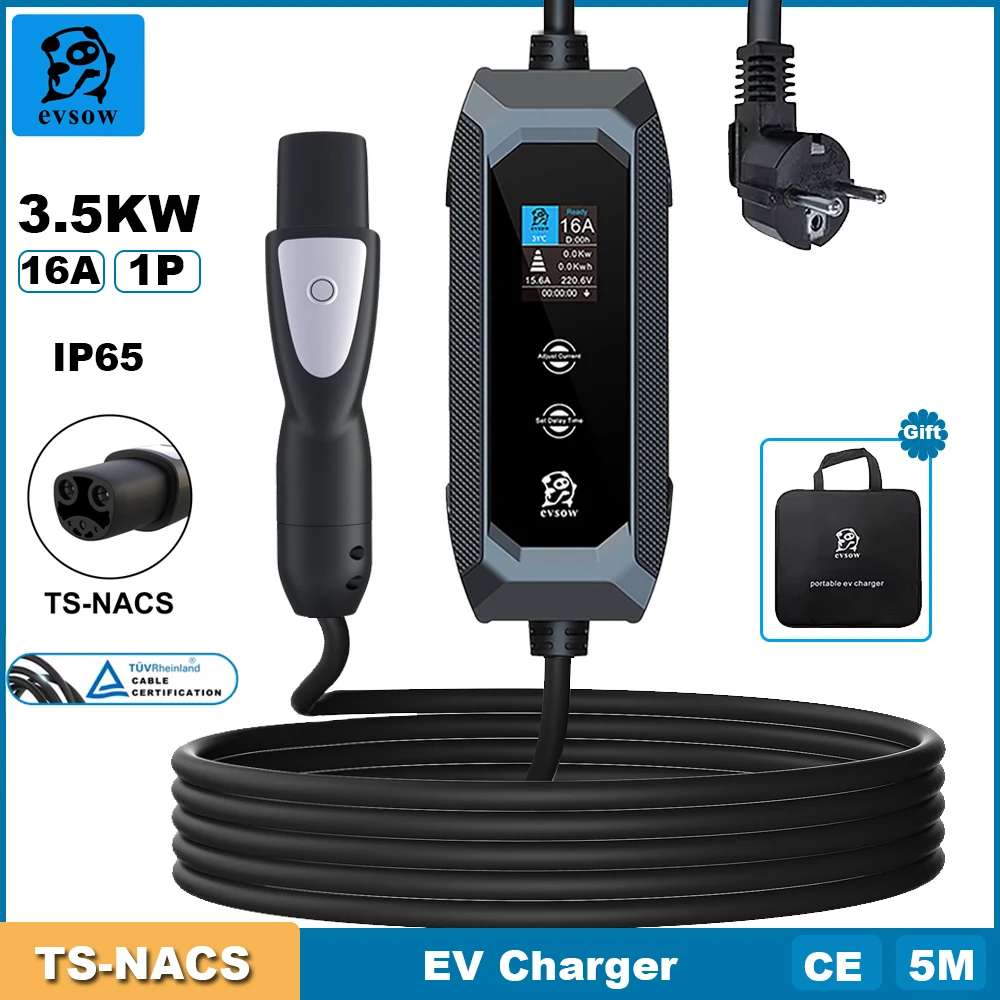 evsow For Tesla EV Charger TS-NACS 3.5KW 16A 1P Electric Car Charger EVSE Wallbox Charger Adjustable Current&Set Charging Time