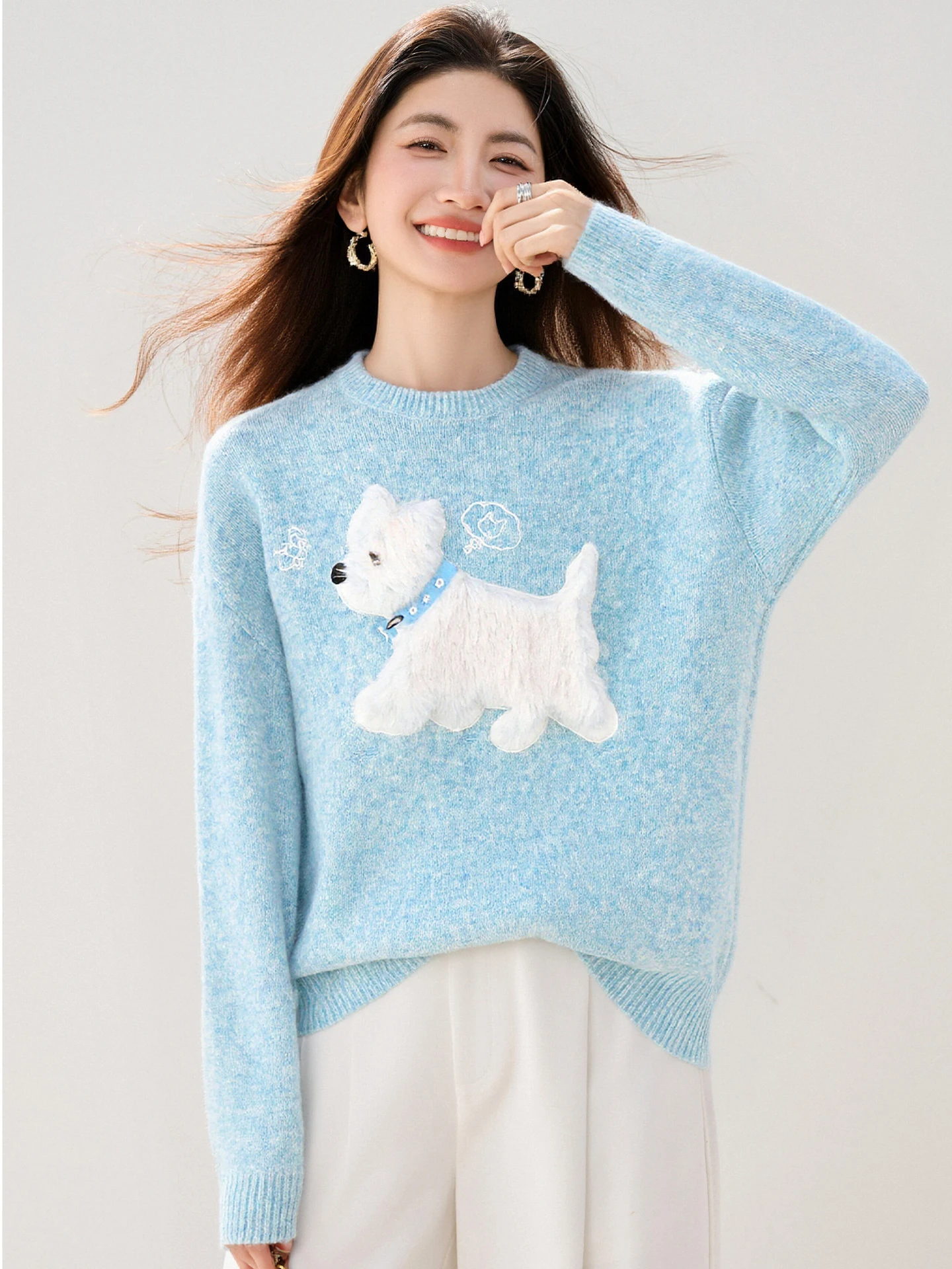 Ute And Stylish Round-Neck Blue Knitted Sweater With A Puppy Pattern For Women'S Winter Pullover