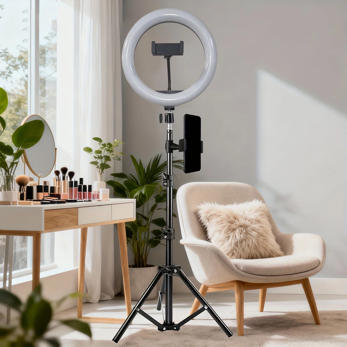 10 inch selfie ring light with tripod stand, LED fill light with tripod stand and flexible phone stand, adjustable brightness