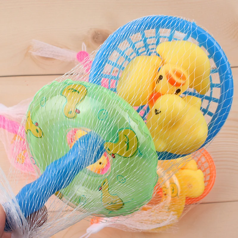 New 5Pcs/Set Kids Floating Bath Toys Mini Swimming Rings Rubber Yellow Ducks Fishing Net Washing Swimming Toddler Toys Water Fun