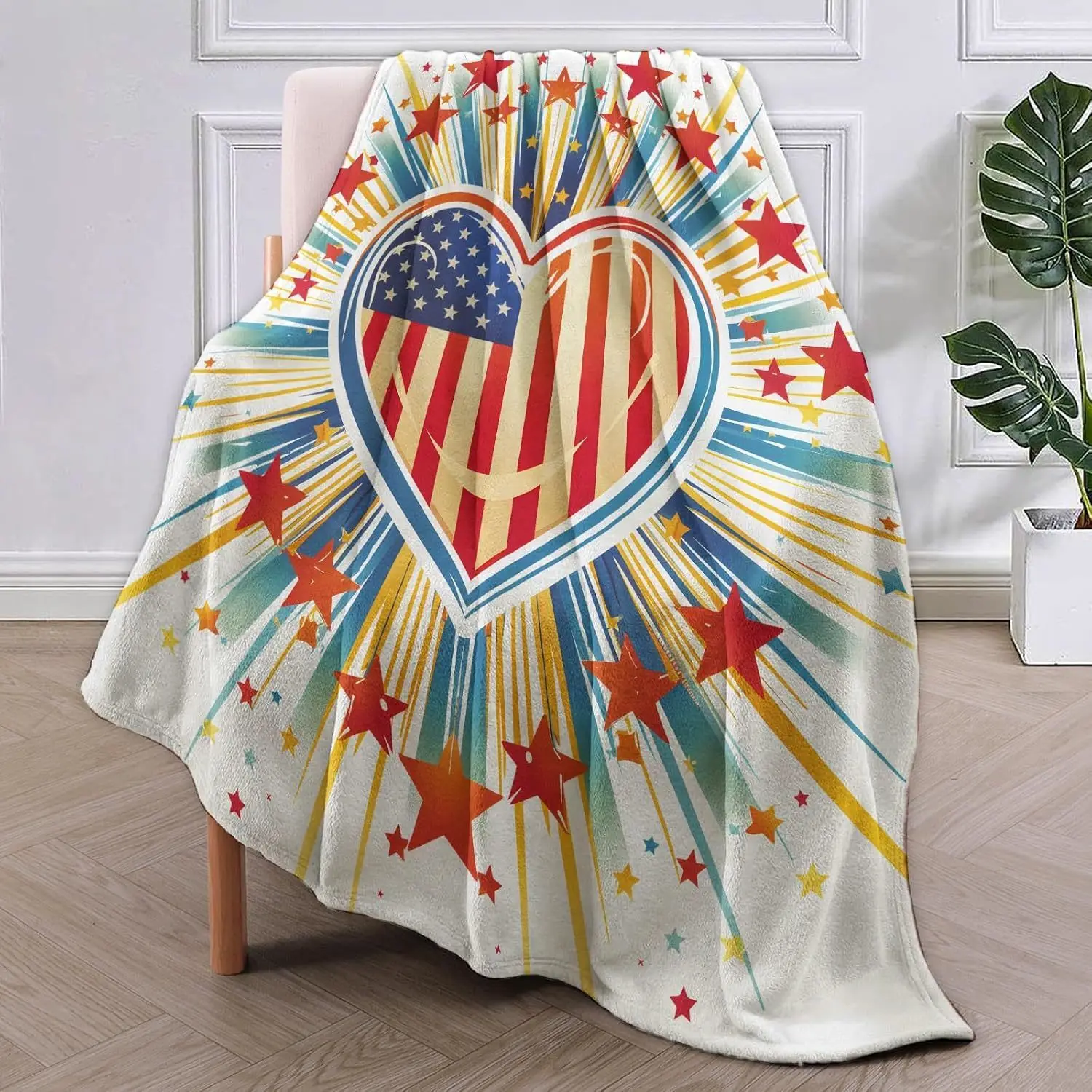 Patriotic Heart Throw Blanket , American Flag Design Blankets, Soft Throws, Vibrant USA Heart and Stars, Festive Gifts