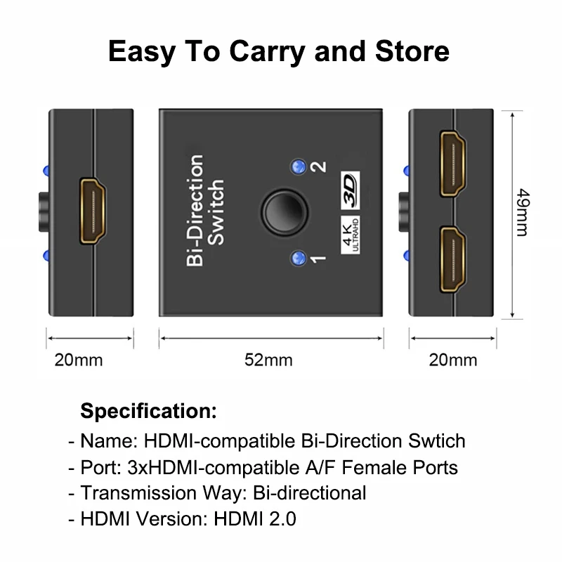 2 Port HDMI-Compatible 2.0 Switch 4K 2x1 1x2 Bi Directional Switcher 2 Input 1 Output Splitter for PS4/3 TV Box Switcher Adapter