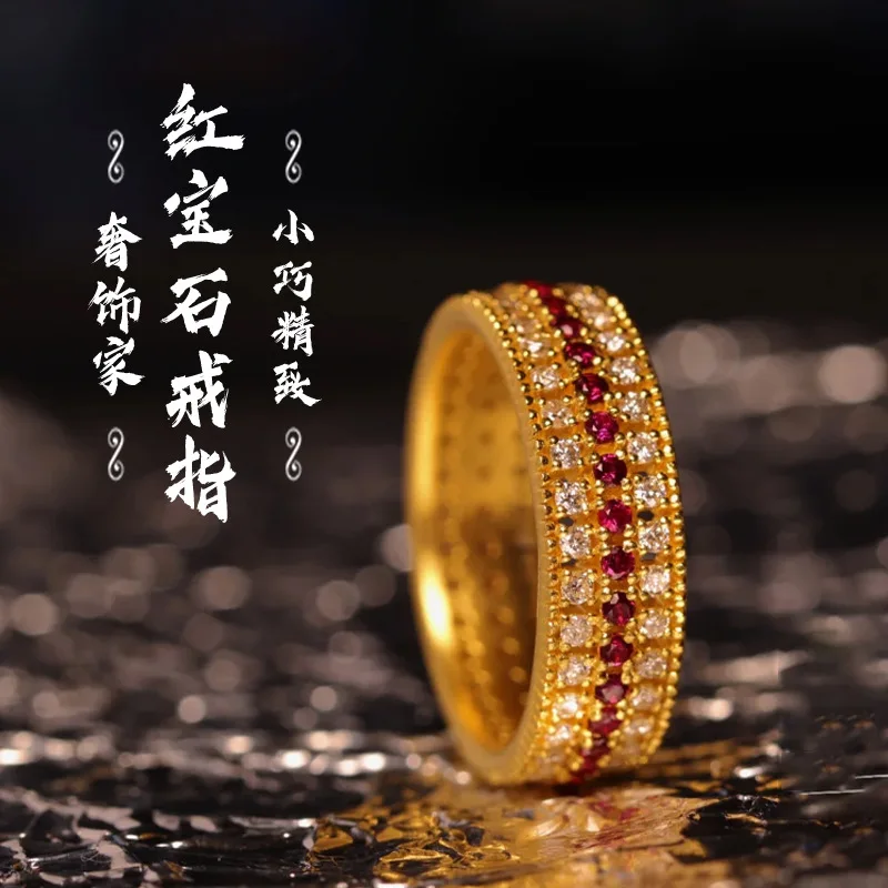 

9999 24K real gold luxury home color preservation point diamond ruby ring gold cultivation sky colored three row ring