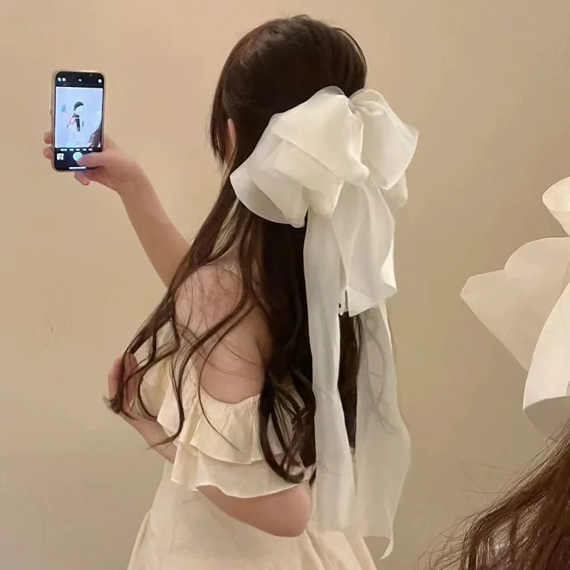 Ethereal Large Bow Hair Clip with Long Ribbon Tails Spring Clip for Back of Head Elegant Women's Hair Accessory Fairy Core