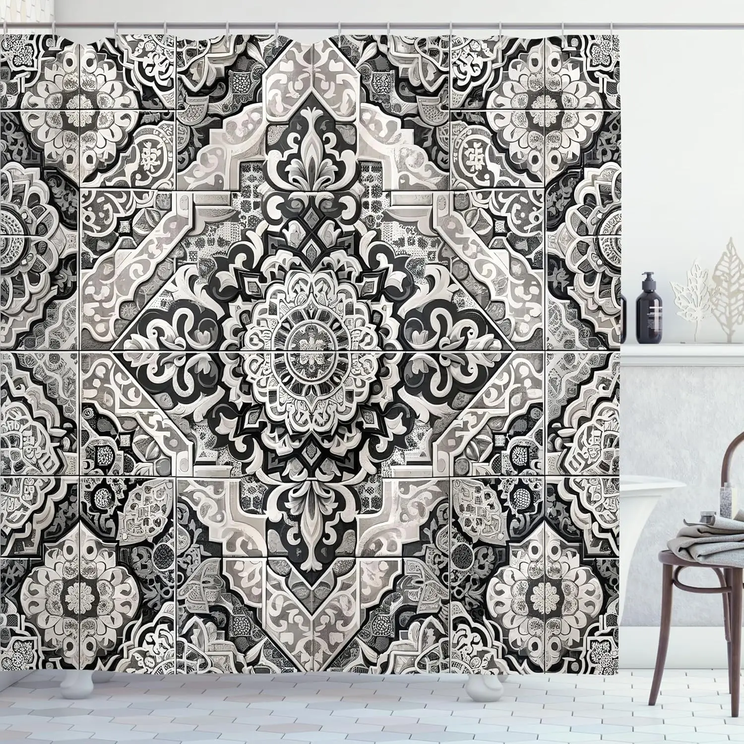 Grey Shower Curtain, Eastern Mosaic Look Print of Blooming Moroccan Tiles Art with Victorian Leaves, Cloth Fabric Bathroom Decor
