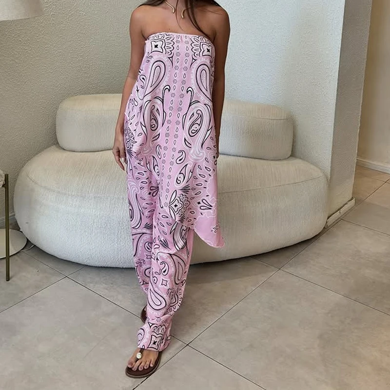 

Fashion Irregular Top & Wide Leg Pant Set Retro Pattern Print Women Loose 2Pc Suit Elegant Strapless Sleeveless Vacation Outfits