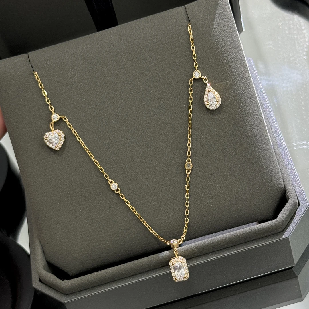 Set zirkon perak Sterling 925 baru dengan kalung rumbai tetesan air berlian persegi cinta, manis, menawan, romantis, dan berkelip