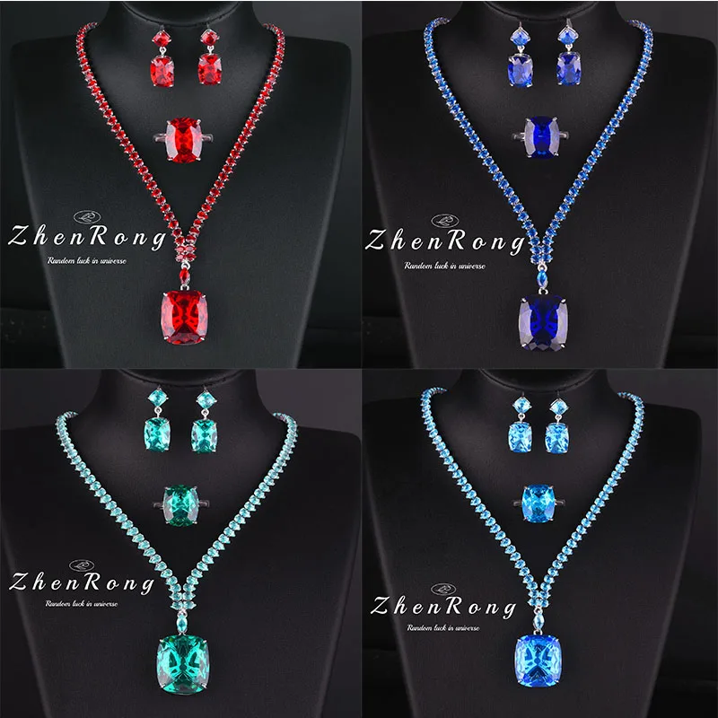 Foydjew Luxury 20 Carat Yellow/Red/Blue/Green Color Large Gemstone Jewelry Sets Pendant Necklaces Earrings Rings For Women