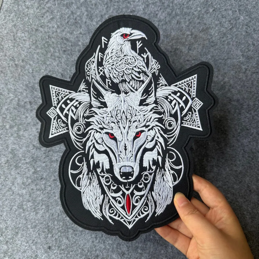 Wolf and Raven Large Embroidered Patch Wolf Iron on Sew on Patch for Jacket Backpack Motorcycle Clothing DIY Decor