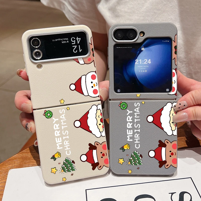 For Samsung Galaxy Z Flip 6 5 4 3 Case Cartoon Santa Hat Leather Texture Silicone Folding Cover For Samsung Z Flip6 Flip5 Flip4