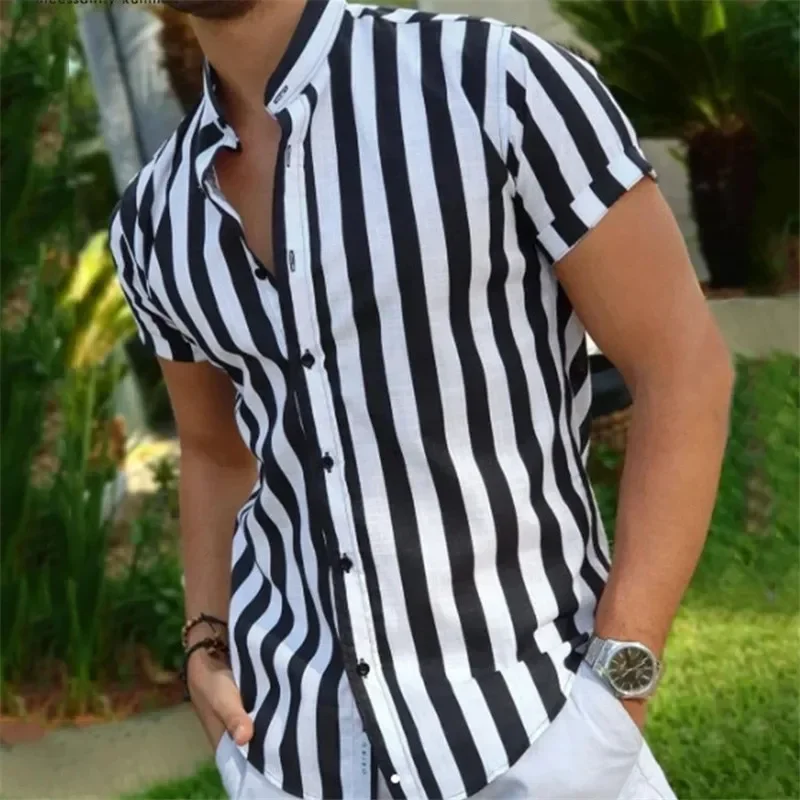 

Summer New Mens Black White Vintage Striped Shirts Fashion Casual Stand Collar 90% Cotton Short Sleeve Shirt For Men Oversized