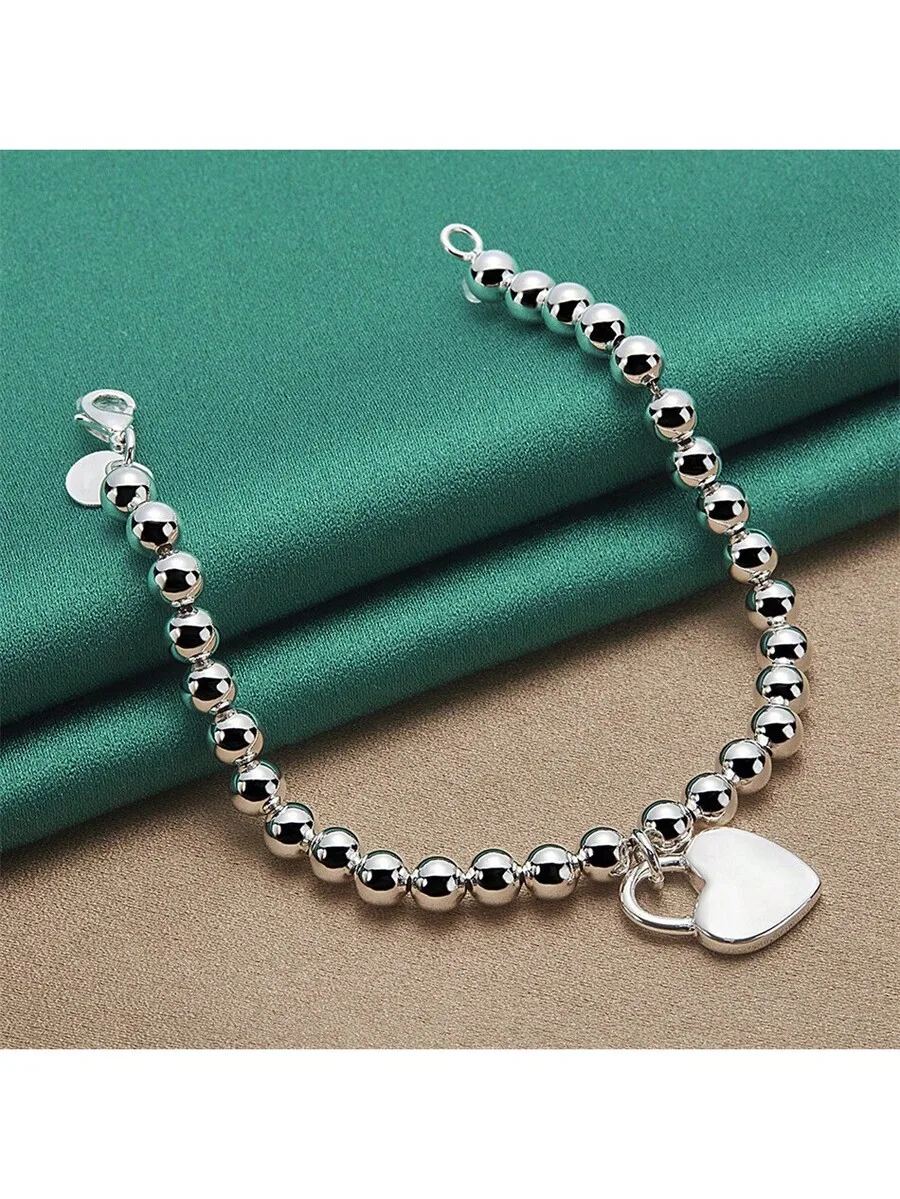 925 Silver Plated 8 Inch Beaded Bracelet With Heart Lock Charm, Women’s Fashion Jewelry Set For Christmas And Parties