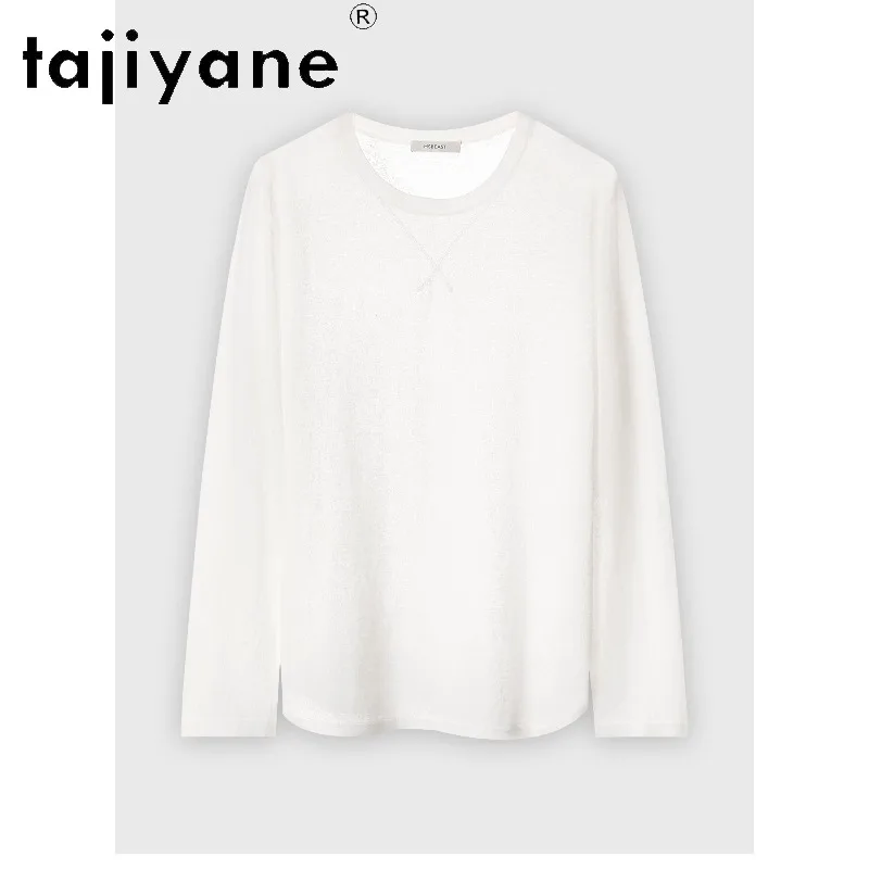 TAJIYANE Women T Shirts Long-sleeved Knitwea O-neck Tops for Woman Clothing Linen Cotton Blend Shirt Loose Футболка Minimalist