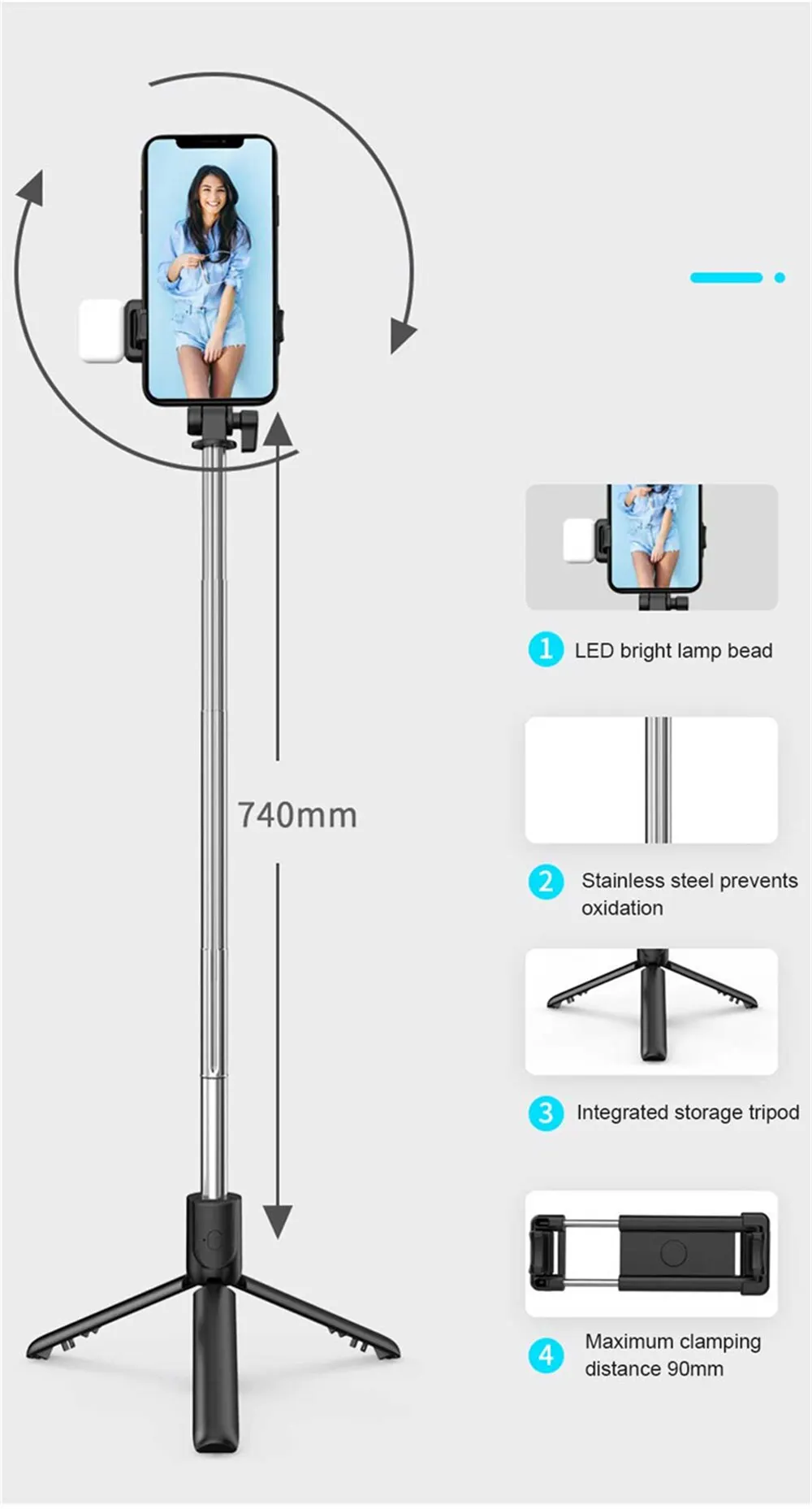 Wireless Selfie Stick Retractable Multifunctional Mini Tripod Holder With LED Fill Light Bluetooth Remote Shutter For Shoot Vlog