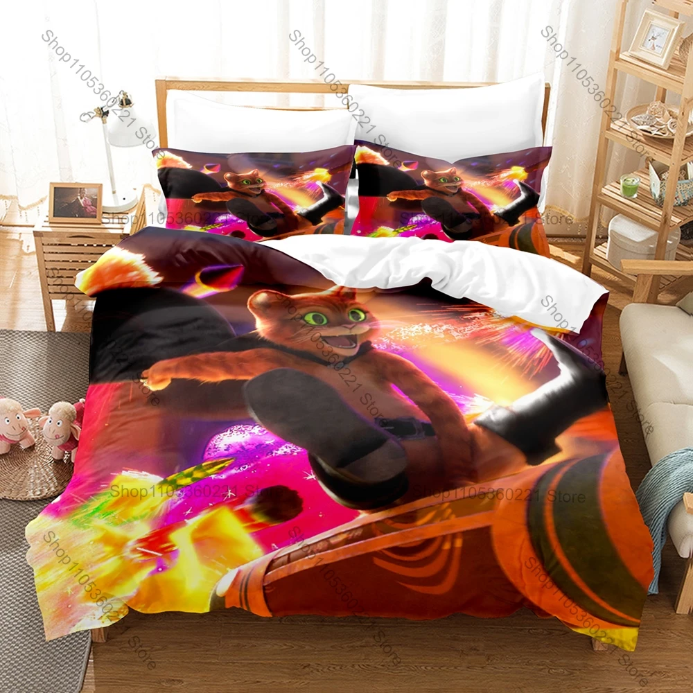 Cartoon PUSS IN BOOTS Bedding Set, Duvet Cover + 2 Pillowcases Vivid Pattern for Home Dorm Daily Use & Collection