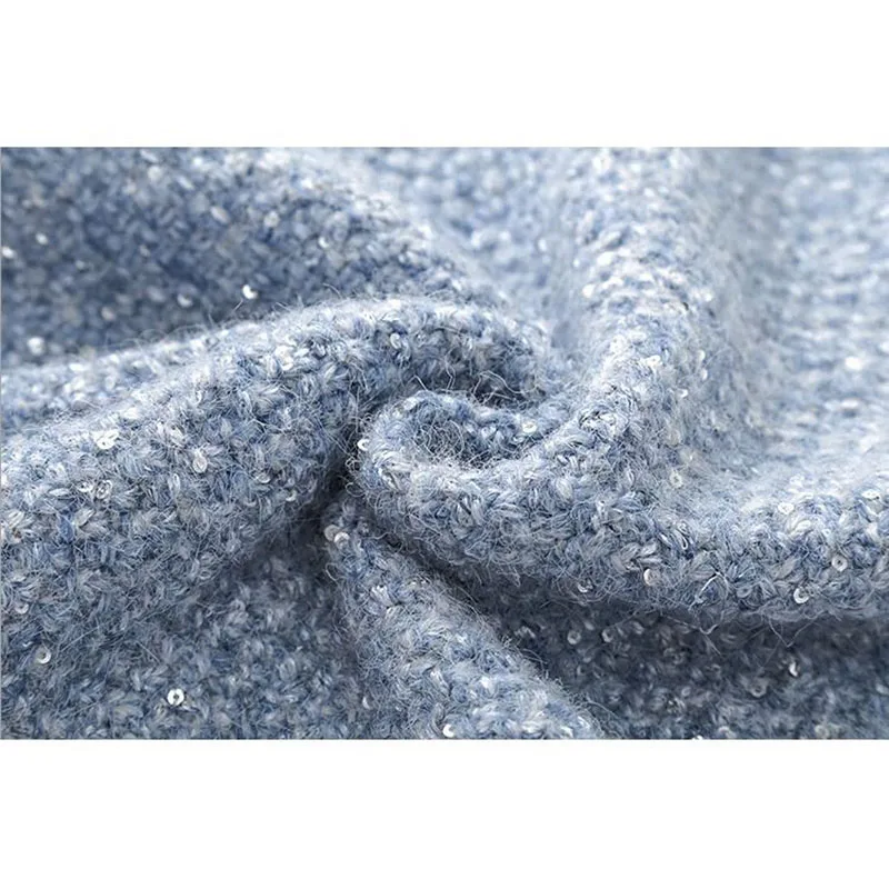 Sequins O-Neck Small Fragrance Knit Sweater Office Lady Loose Blue Cardigan Sweater 2023 Autumn Winter Fashion Women Sweater