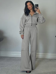 kliou Casual Fall Women 2 Piece Set Classic Solid Sporty Basic Zip-up Hood Coats+Straight Loose Pants Female Matching Tracksuits