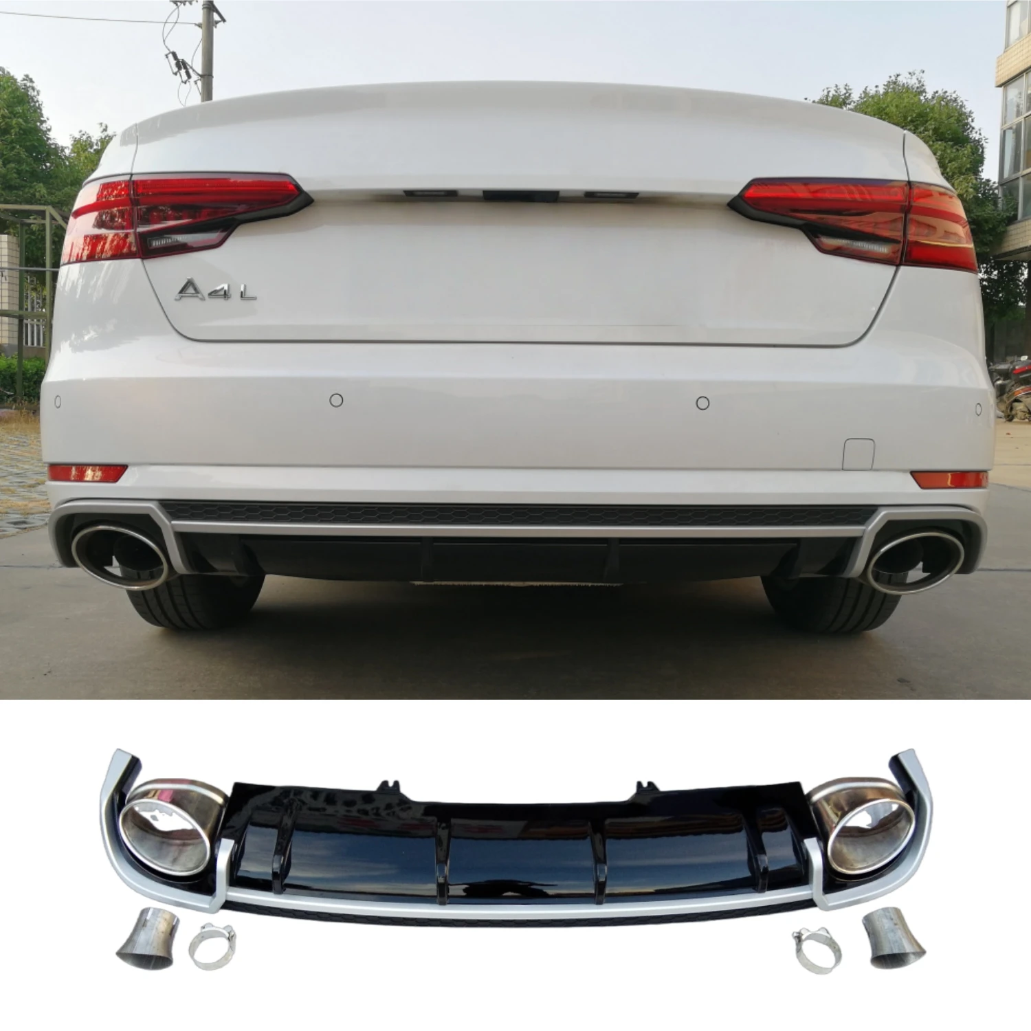 for New High Quality Roadinjoy Black+Silver Rear Diffuser for Audi A4 B9 2017-2019 Car Body Kit Fins Spoiler Wing Lip