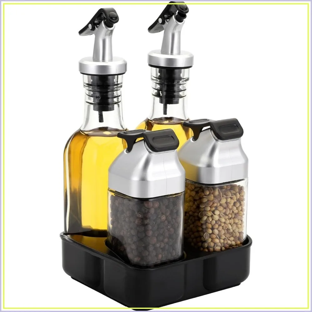 5 Pcs Oil & Vinegar Dispenser Set with Caddy Stand, Glass Salt Pepper Shakers, Drip-Free Pour, Ideal for Kitchen Dining Travel
