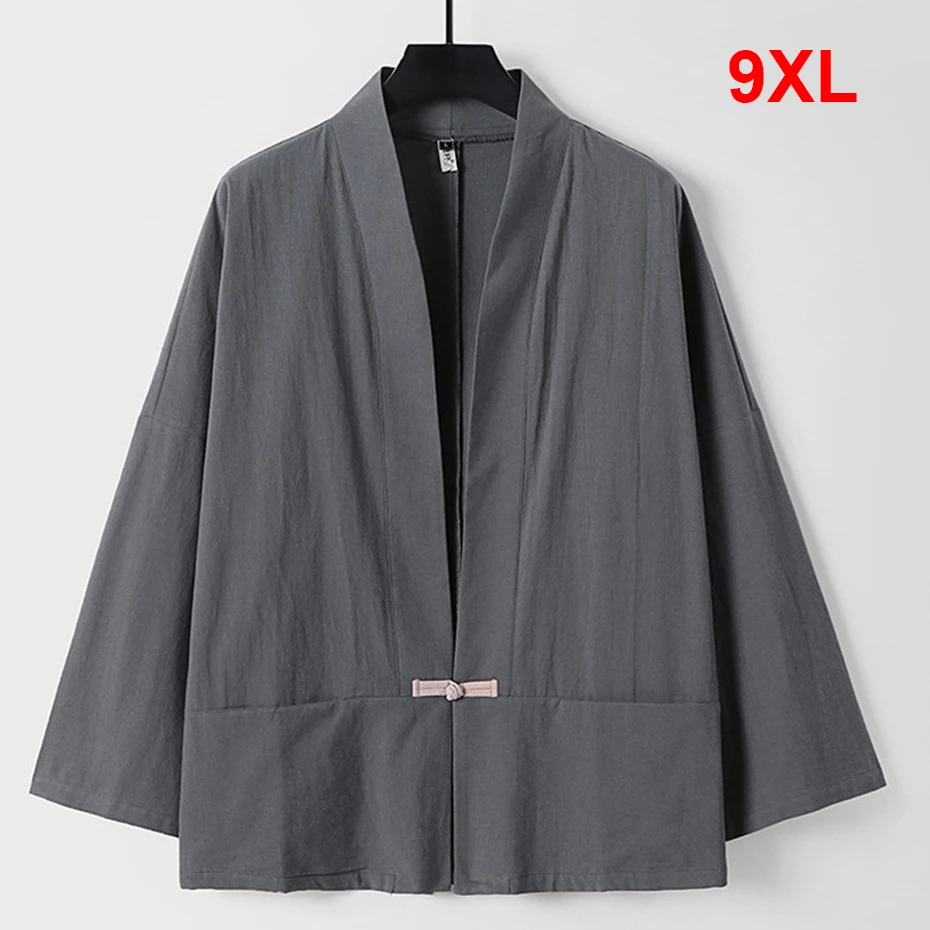 Linen Shirts Men 9XL Plus Size Kimono Shirts Summer Cardigan Jacket Fashion Casual Solid Color Shirts Big Size 9XL