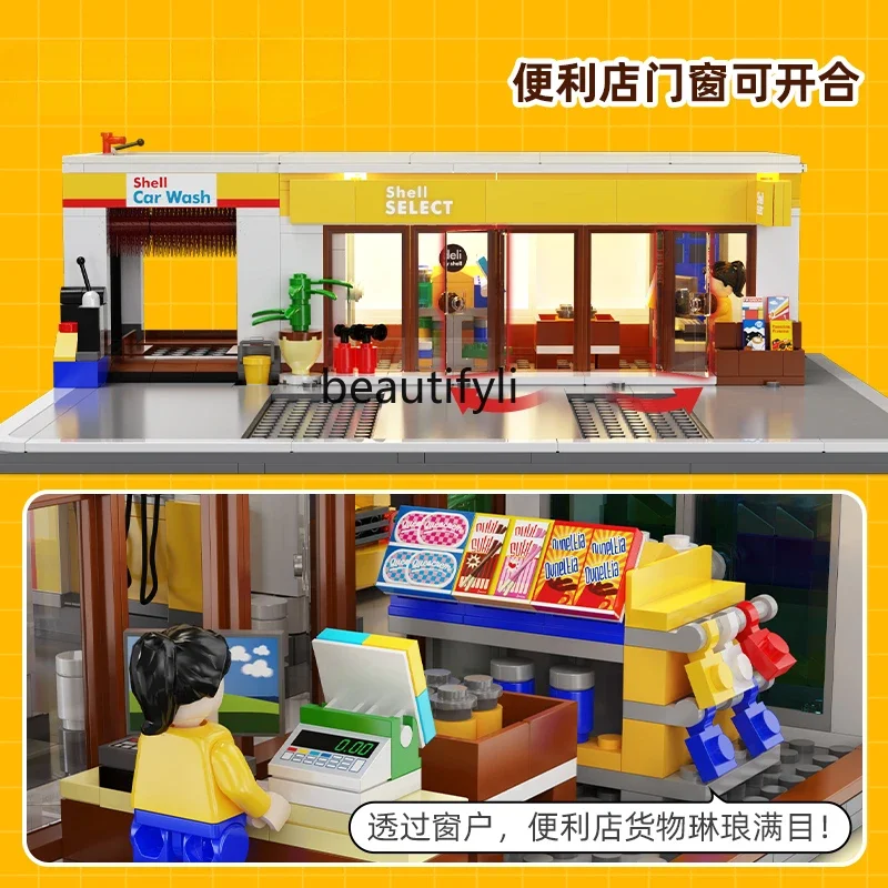 Building block street view city gas station large building house small particles