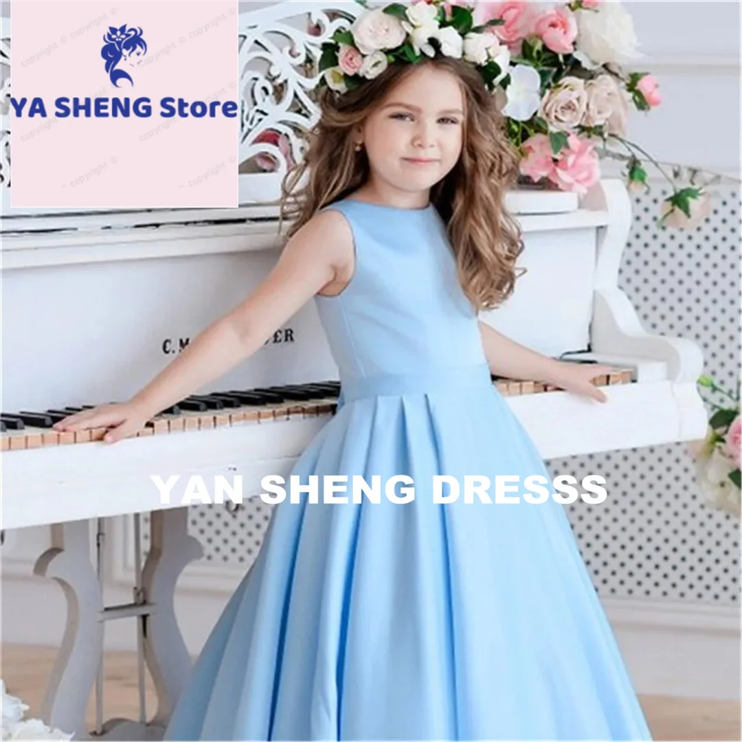 فستان زفاف بناتي مزين بفيونكة زرقاء طويلة بدون ظهر مخصصة لحفلات الزفاف الأنيقة على شكل زهرة صغيرة للأطفال وحفلات التواصل الأول
