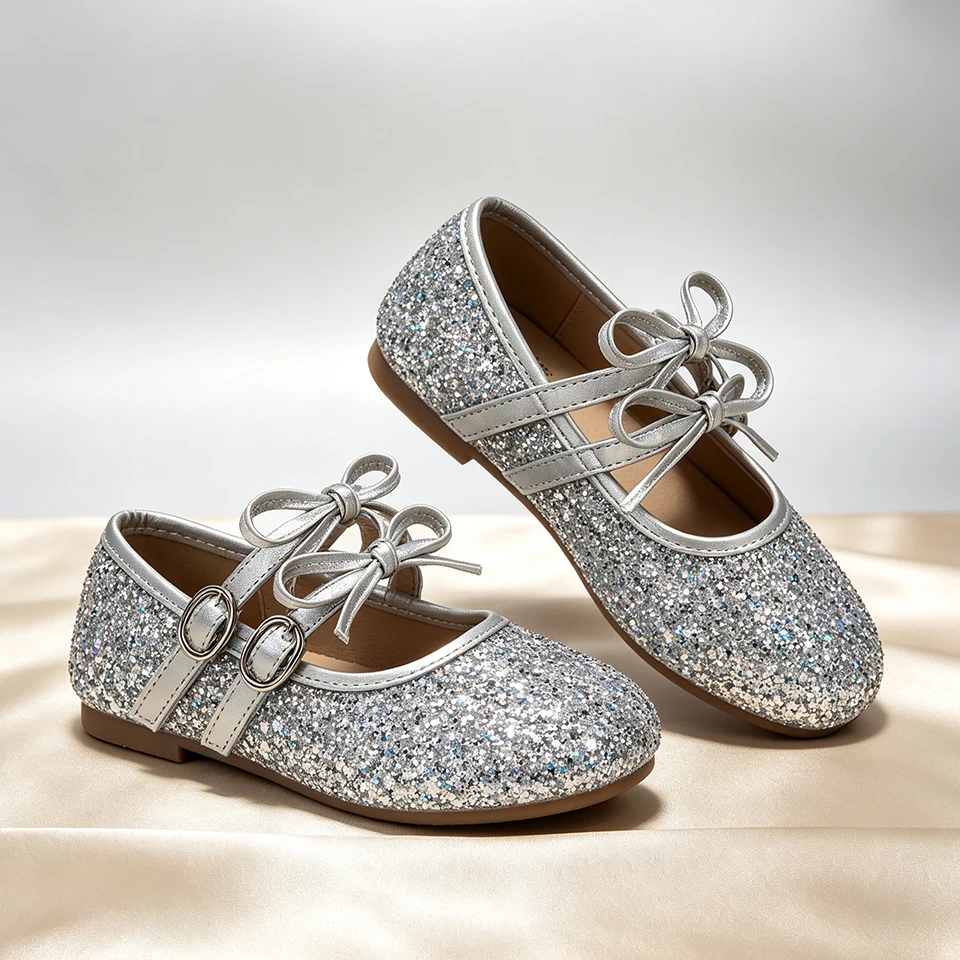 Sparkly Sequin Princess Ballet Flats Girls Silver Mary Jane Shoes Formal Children Wedding Pageant Prom Graduation Ceremony Wear