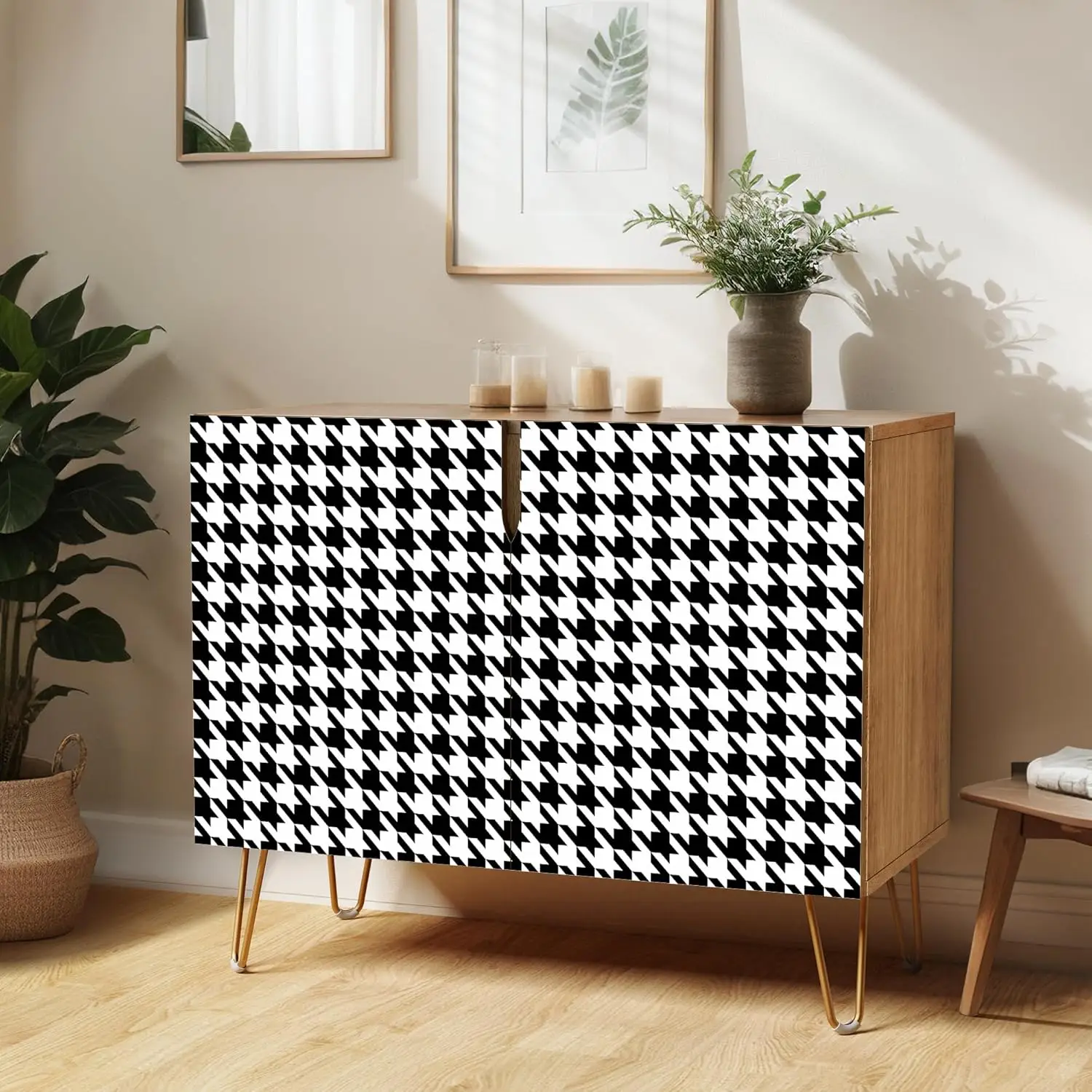 Sideboard Buffet Cabinet Kitchen Storage Cabinet with 2 Doors Houndstooth Black and White Patterned Cupboard Console Table