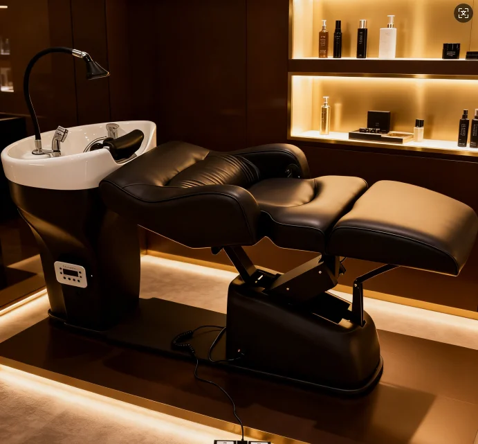 2026 Salon Shampoo Bed Recline Shampoo Chair Adjustable Barber Chair Hydraulic Pump Ceramic Basin for Barber Salon Furniture
