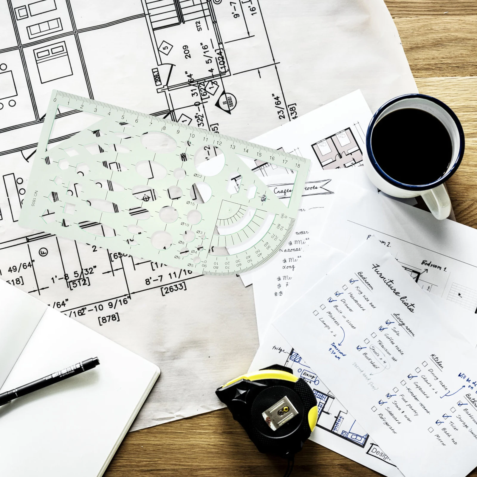 مجموعة مسطرة هندسية مكونة من 6 قطع من قوالب رسم بلاستيكية خضراء شفافة لأدوات صياغة قياس فنية للمكتب المدرسي