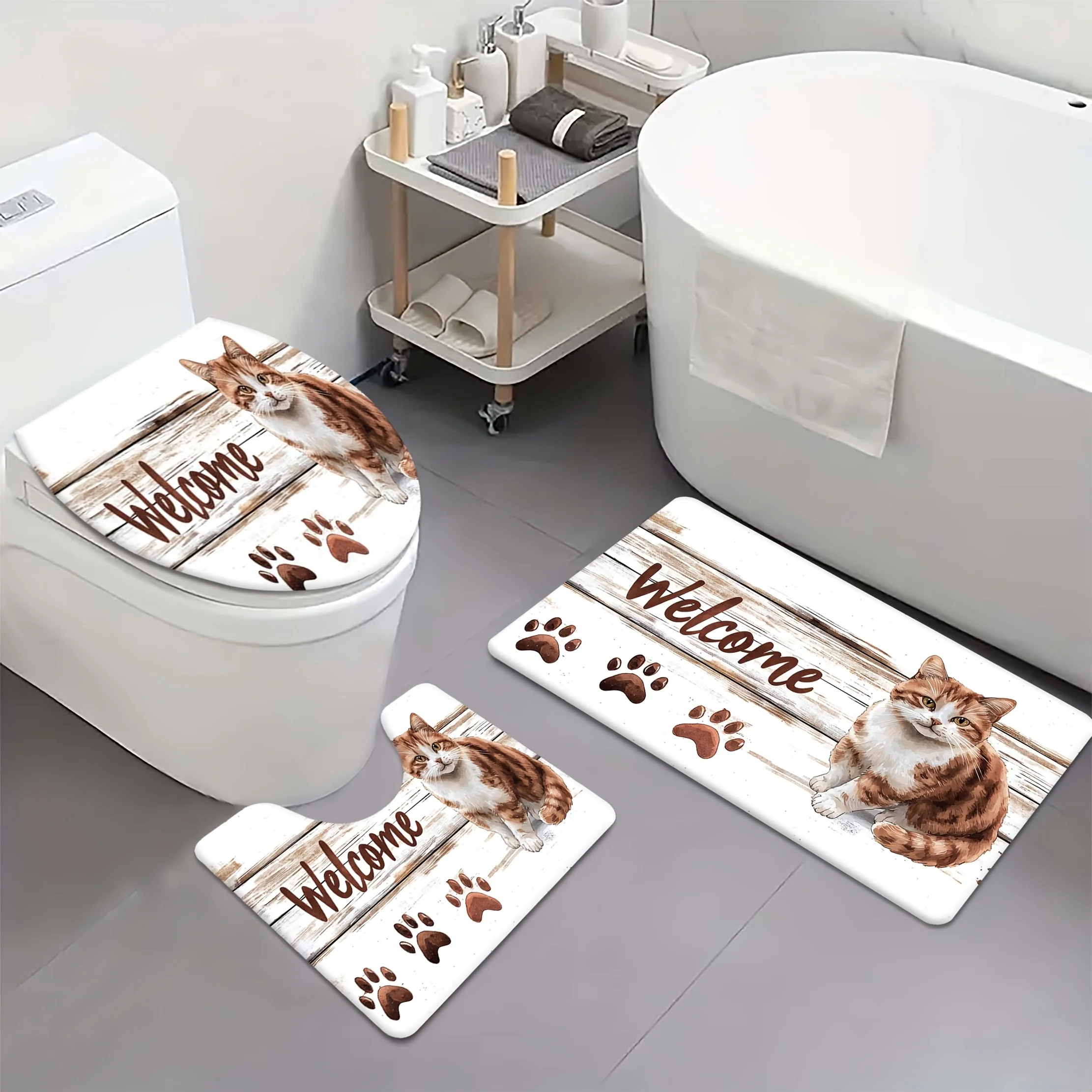

3pcs cute kitten and wooden board print design bathroom set, made of soft flannel, non-slip and machine washable, suitable for f